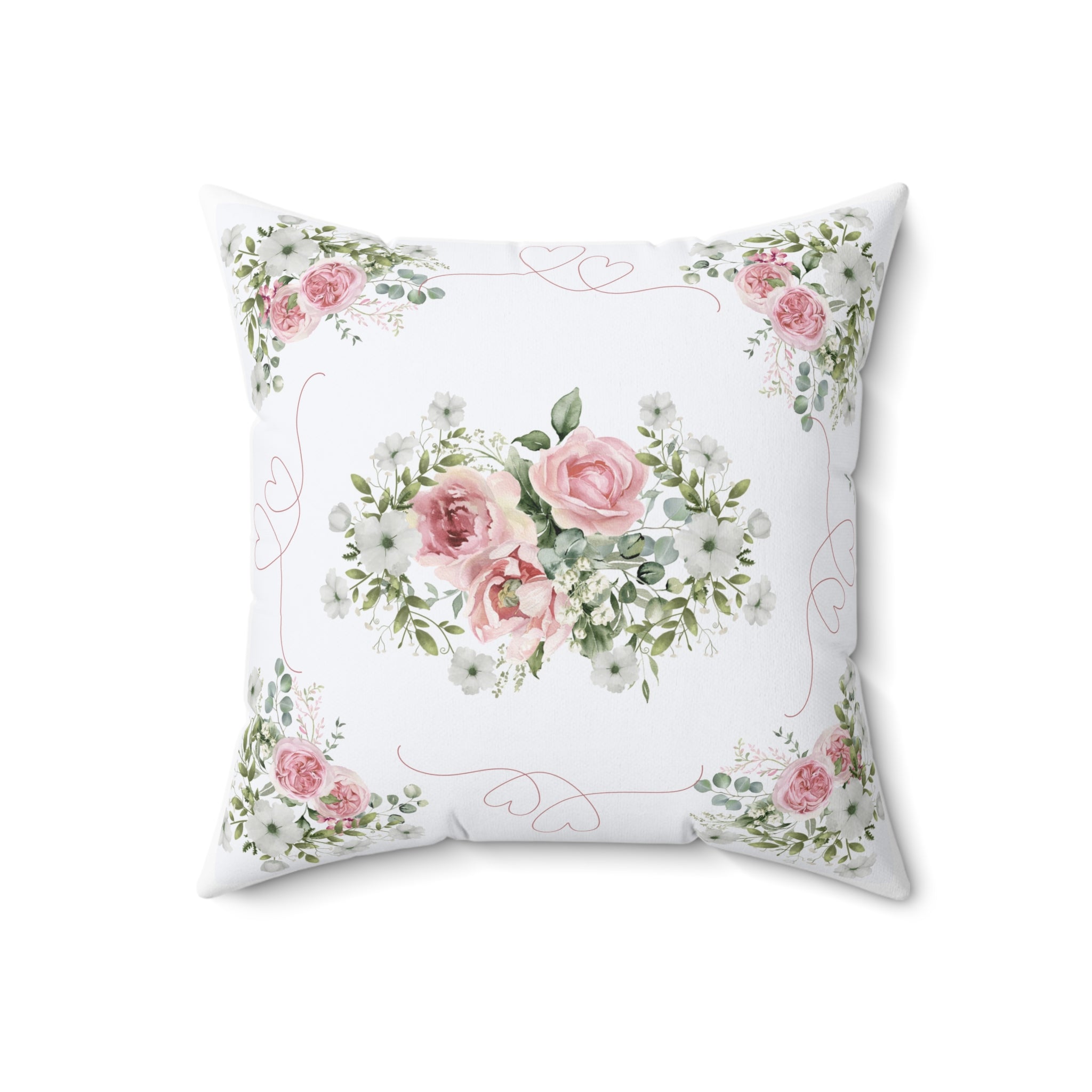 Pink Peony rose love heart Spun Polyester Square Pillow, Shabby chic style, Farmhouse decor, floral scatter cushion