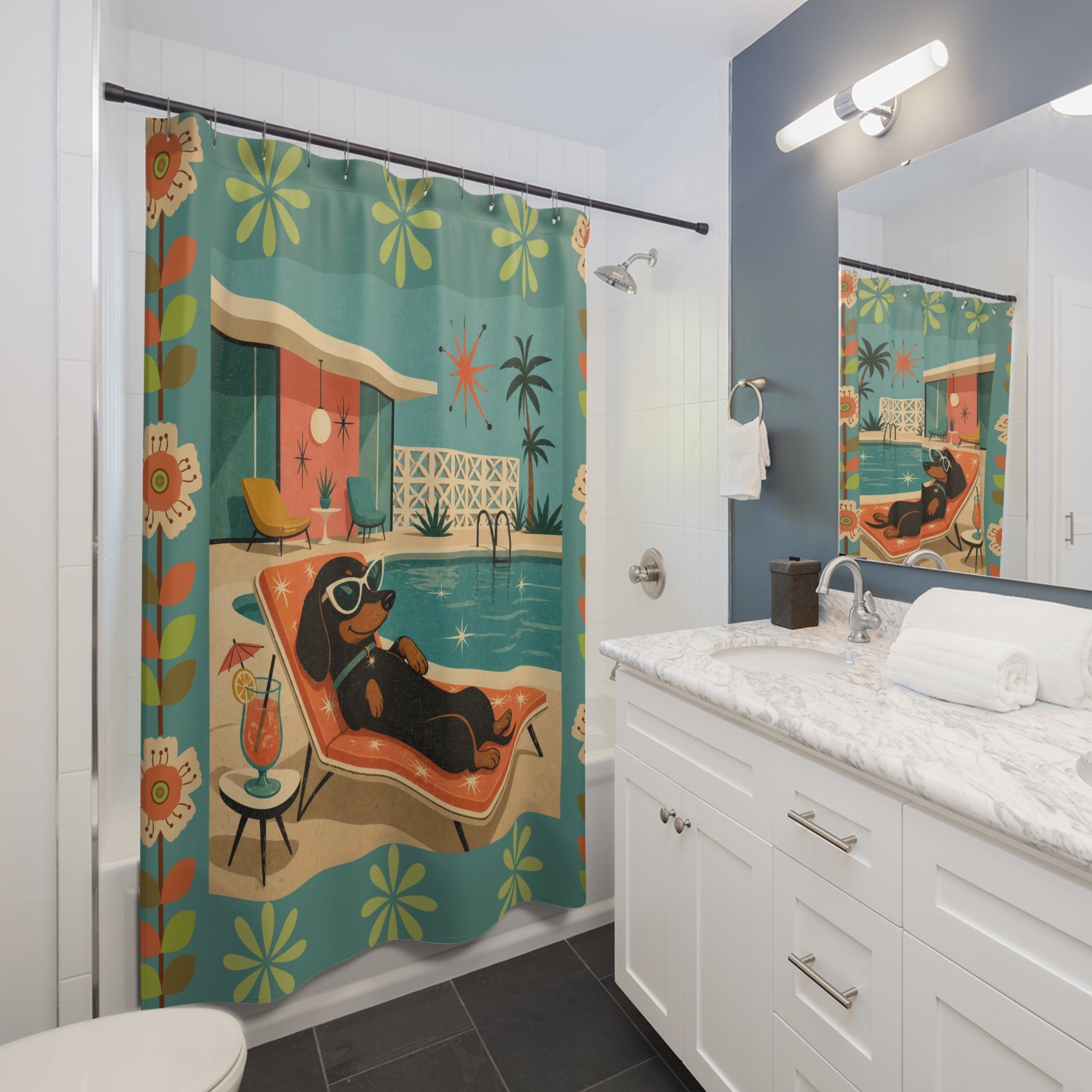 Retro Dachshund Poolside Lounge Shower Curtain | Mid Century Modern