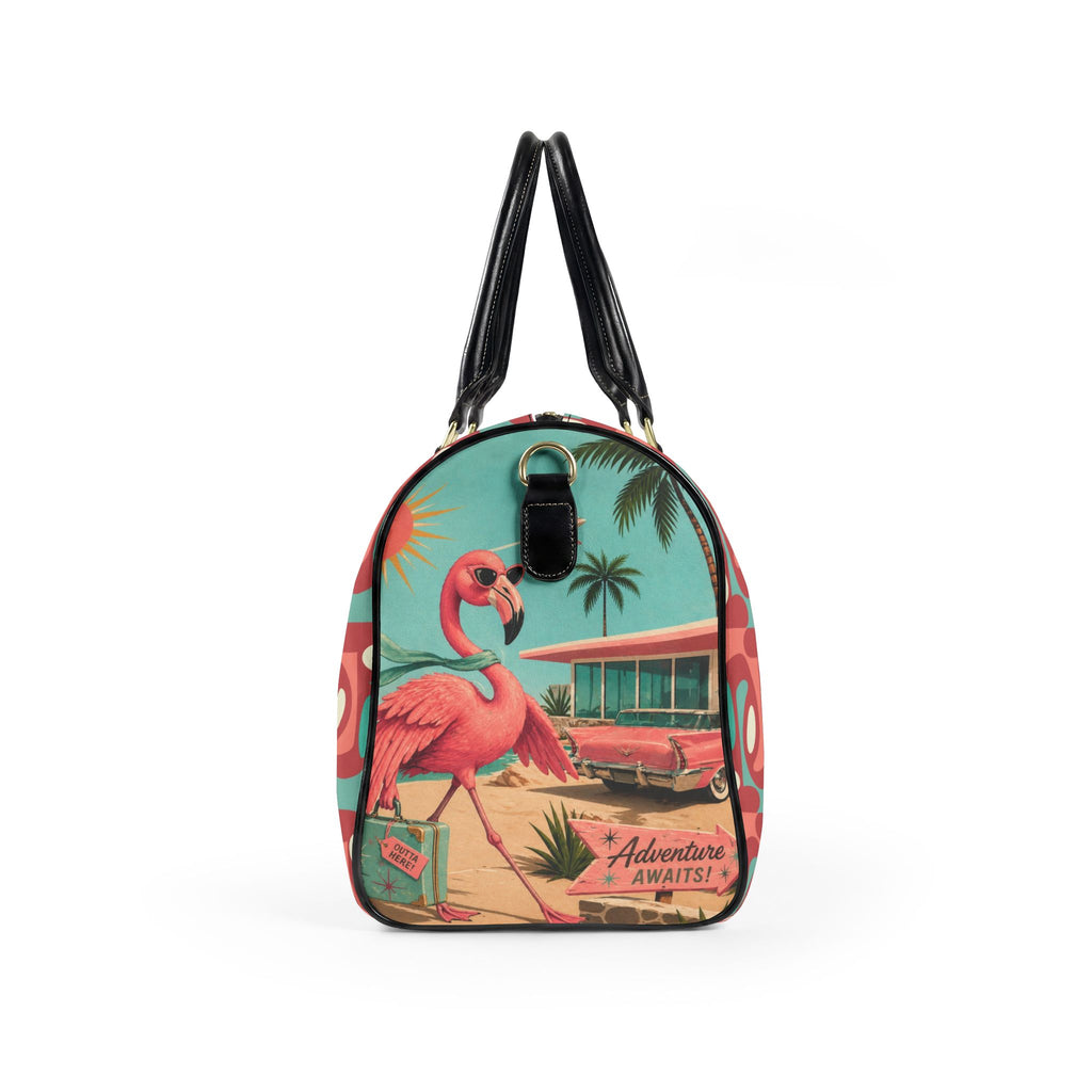 Retro Flamingo fly away Beach Duffle Faux Leather Travel Bag | Vintage Tiki Roadtrip