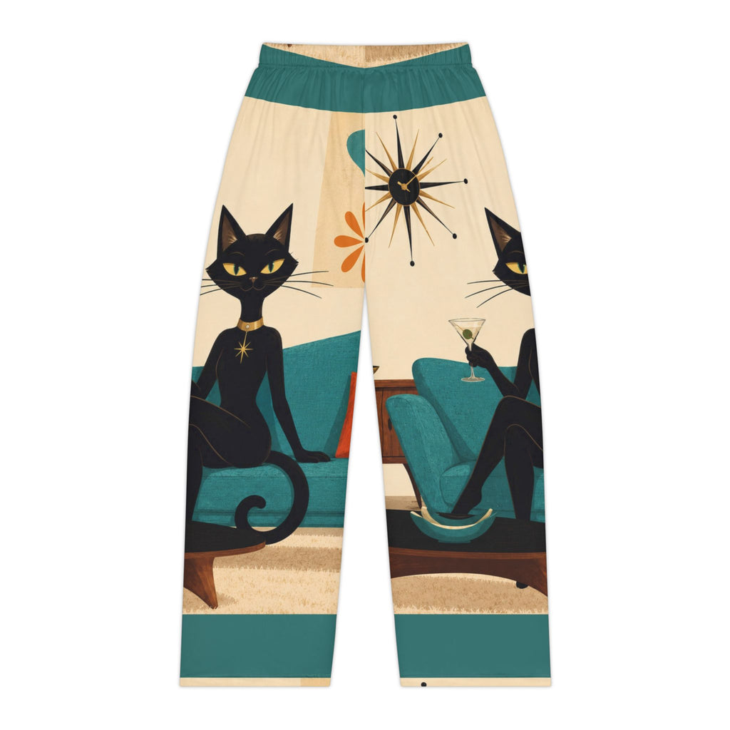 Mid-Century Atomic Black Cat Illustration Pajama Pants | Retro Living Room Print