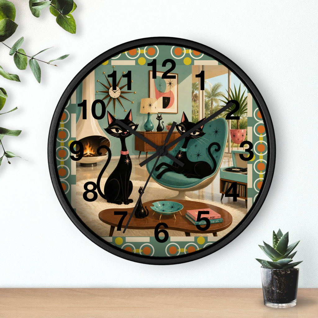Mid Century Atomic Black Cats Wall Clock | Retro Living Room Decor