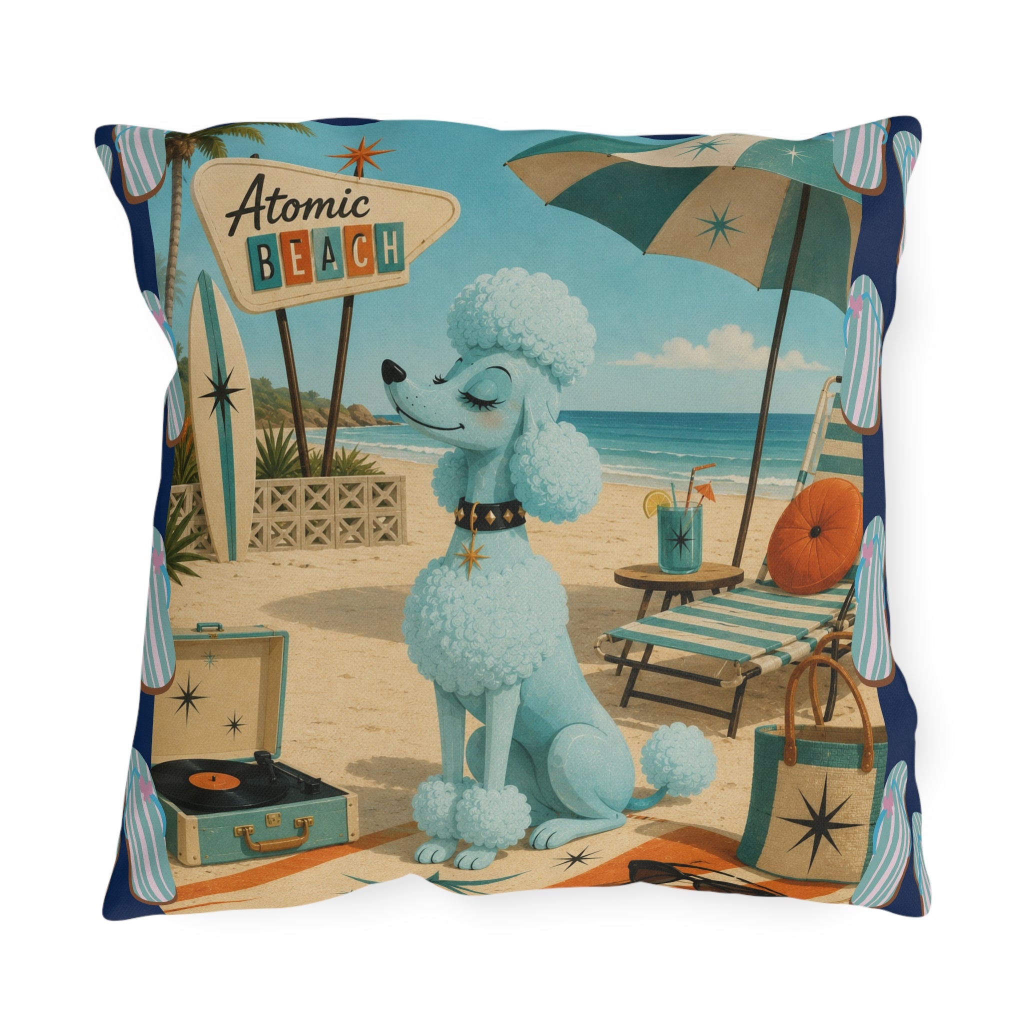 Retro Atomic Beach Blue Poodle Outdoor Pillow | Mid Century Coastal Decor