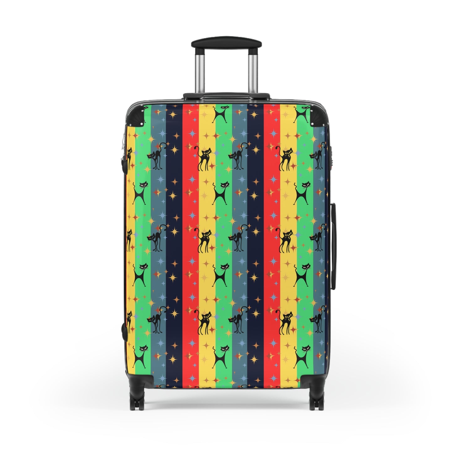 Colorful Atomic cat retro Suitcase, carry on luggage, MCM travel luggage, mid century modern, hard shell, lockable suitcase