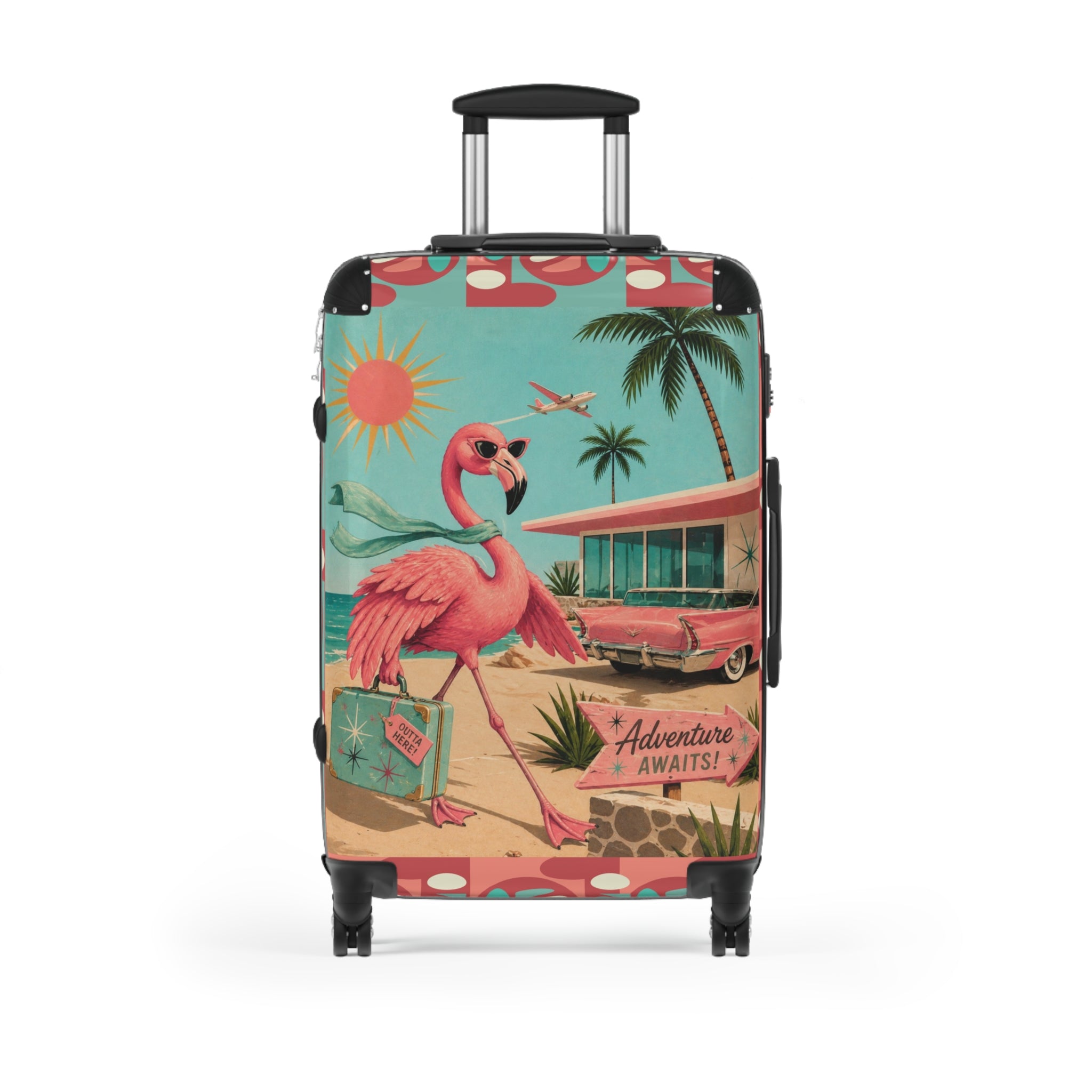 Retro MCM Flamingo fly away holiday Beach Scene Suitcase | Vintage Travel Print