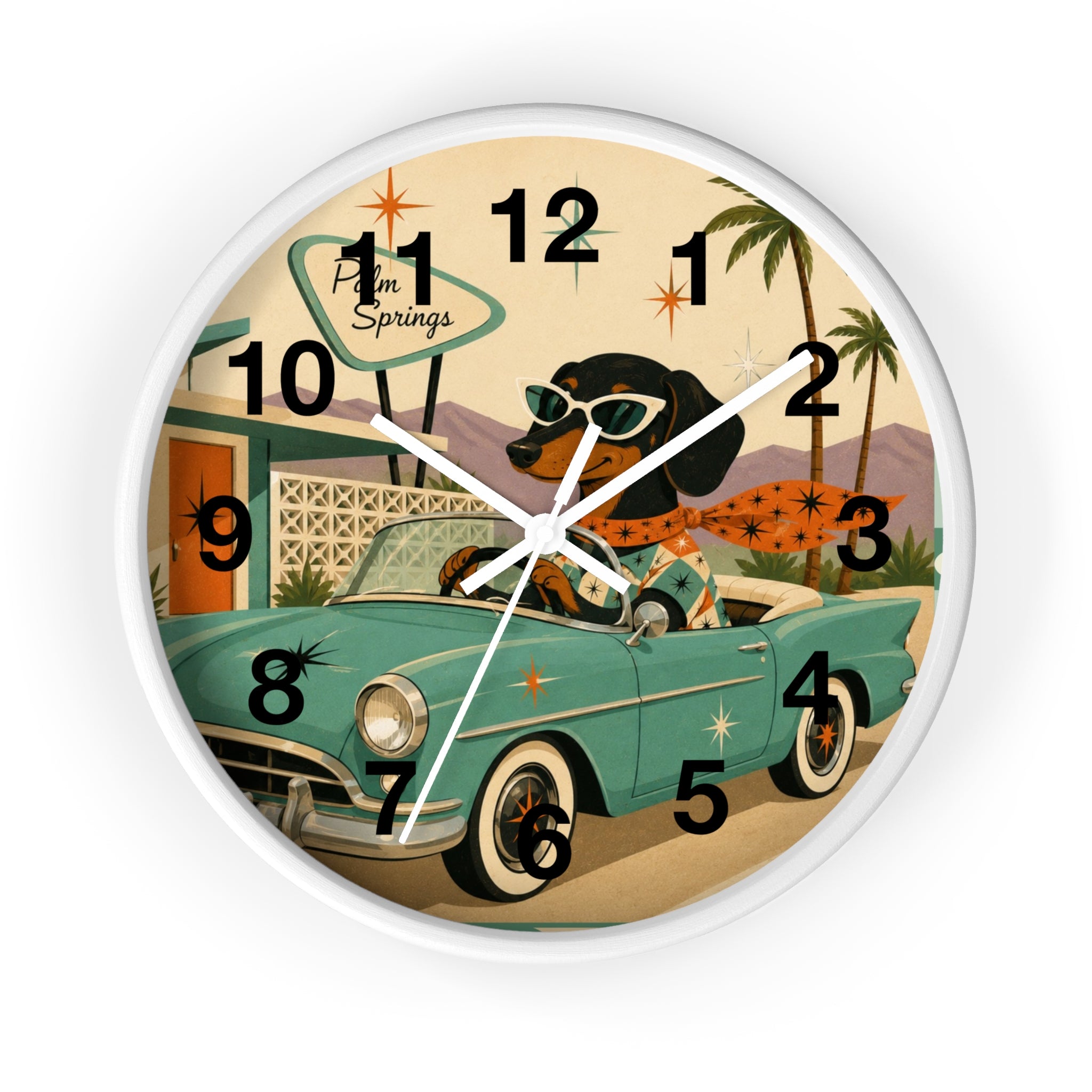 Dachshund Retro Roadtrip Wall Clock | Mid-Century Palm Springs Art