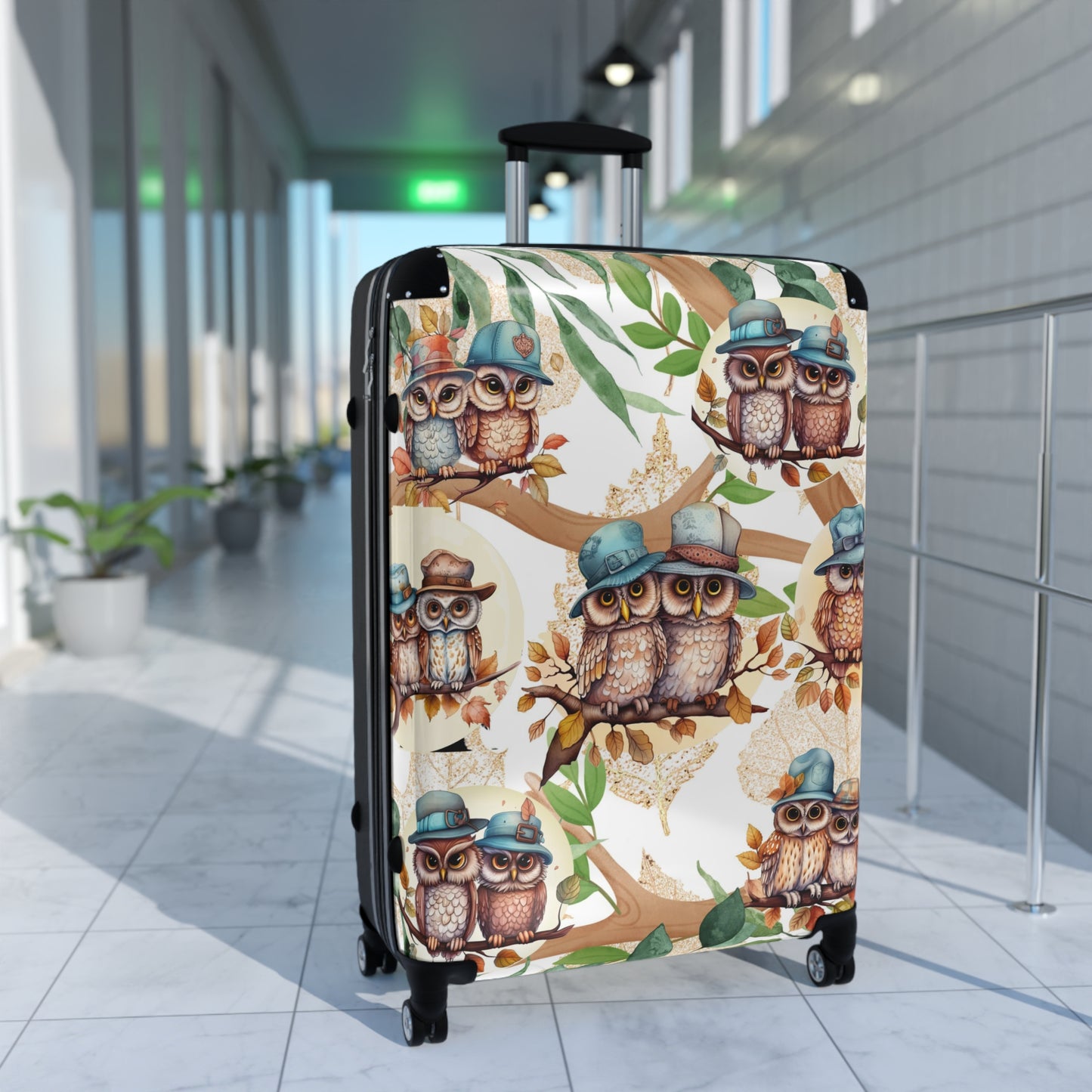 Cute Owl Suitcase on wheels, hard shell travel luggage secure and lockable for holidays, weekend, carry on suitcase