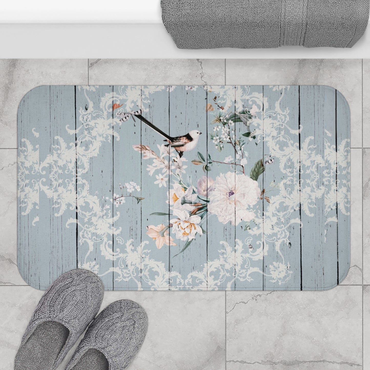 Shabby Chic Blue printed wood look Bath Mat with Birds and Blossoms, vintage inspired, floral bathroom decor