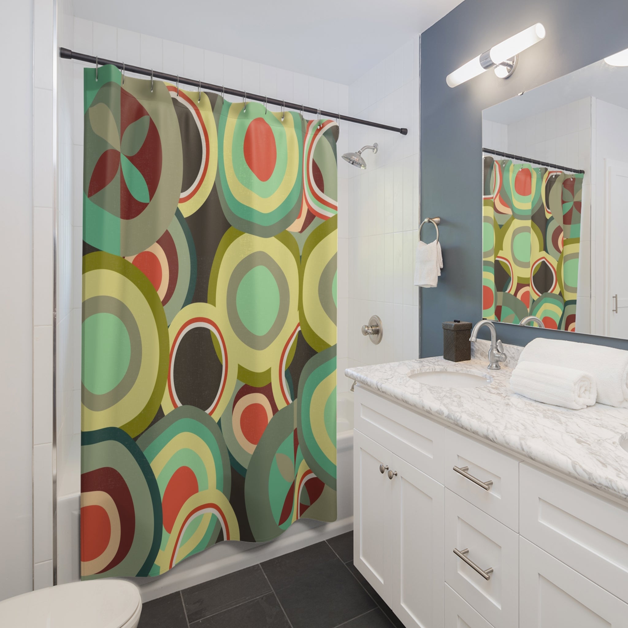 Retro colorful circles Shower Curtain, MCM bathroom decor, Mid Century Modern, bathtub stall shower curtain