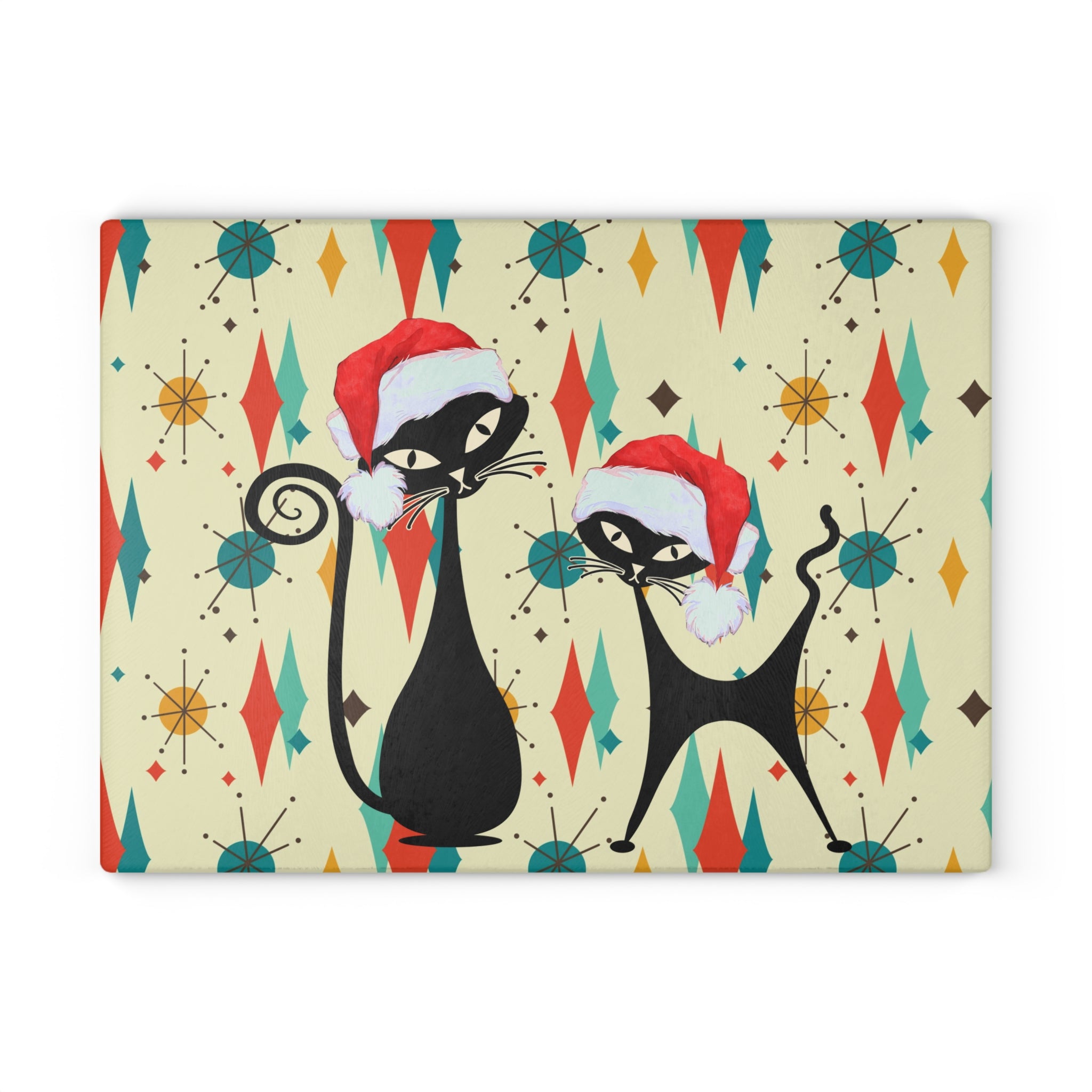 Christmas Atomic cat retro Glass Cutting Board, Franciscan starburst, Kitschy Christmas, Xmas kitchen decor, Mid Century chopping board