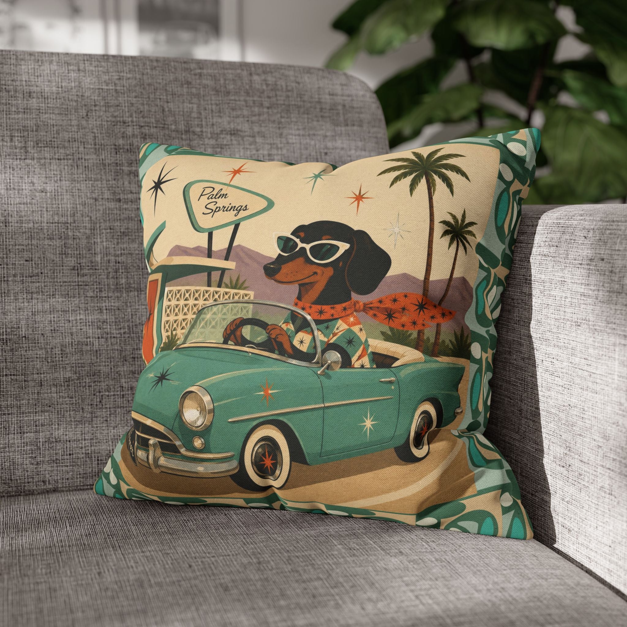 Retro Dachshund Driving Convertible Pillowcase | Palm Springs Vintage Car - COVER ONLY