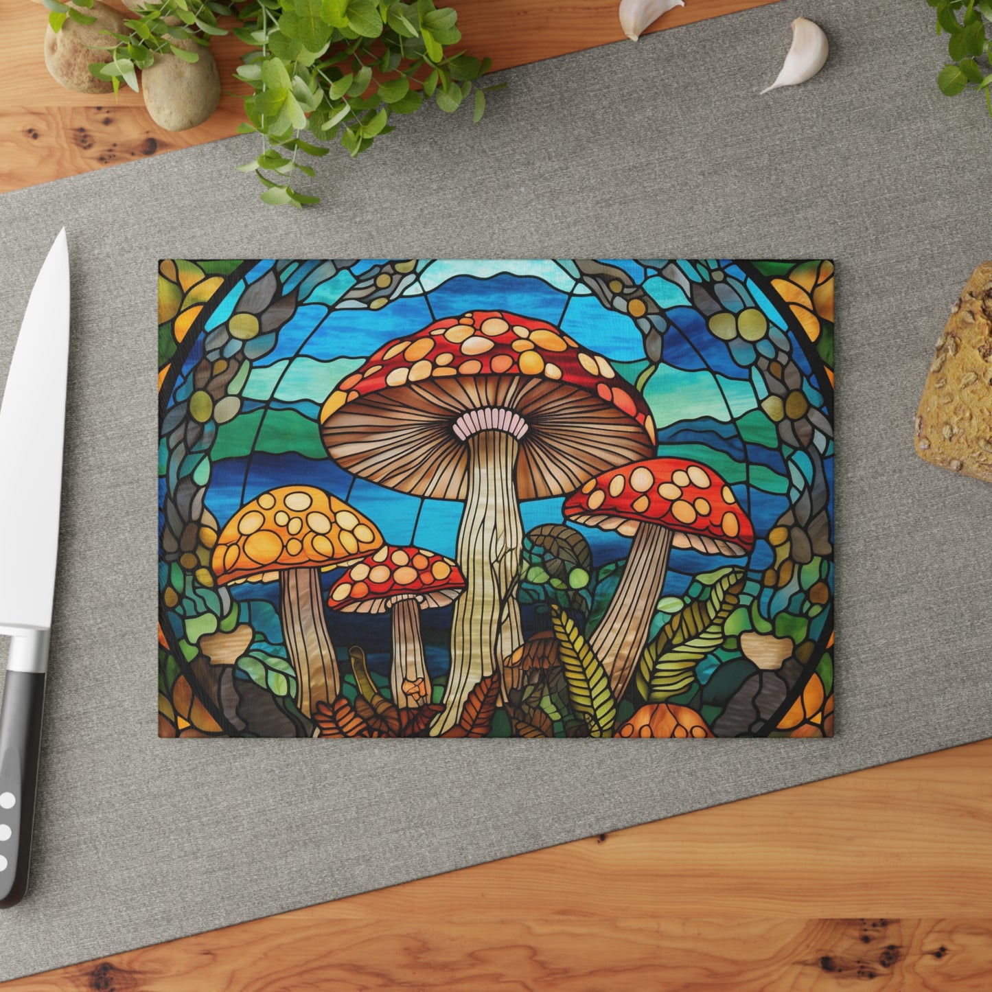 Retro mushroom tempered glass stained glass look cutting board