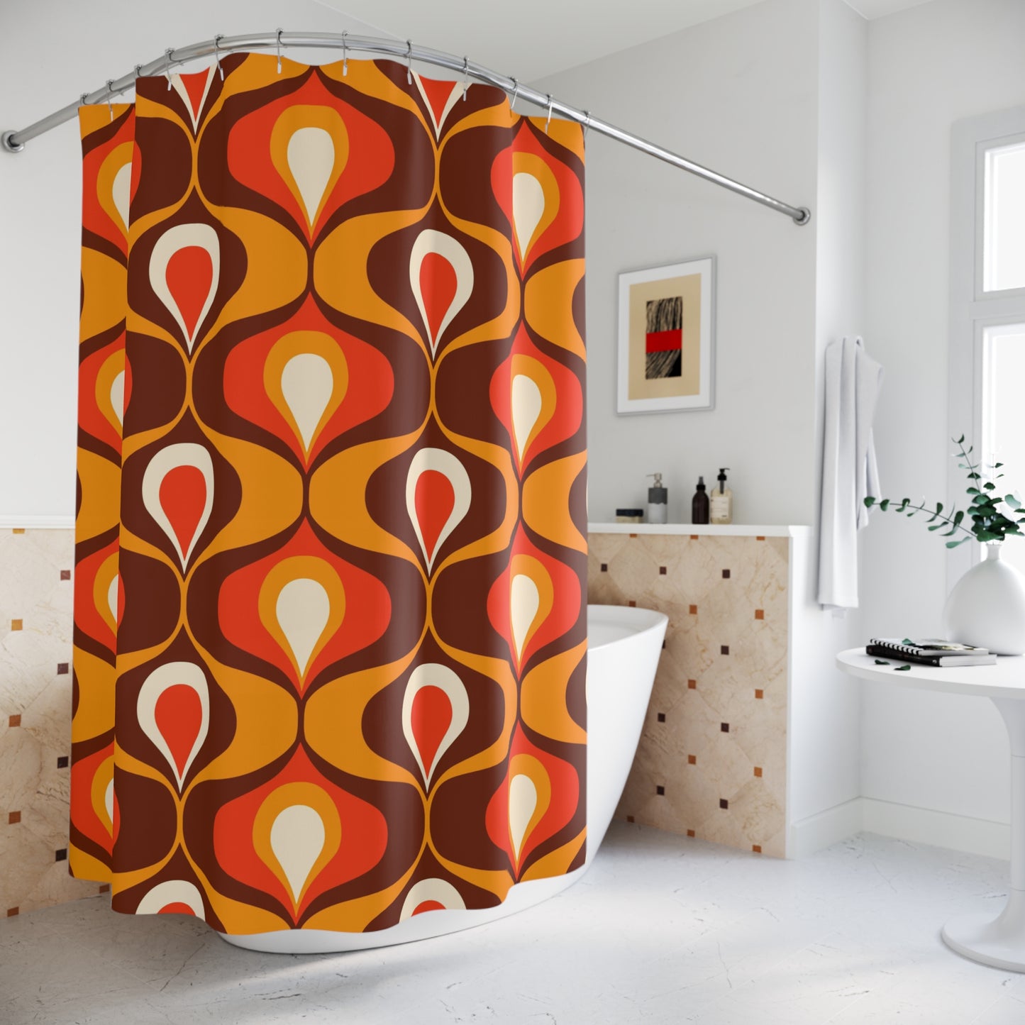 Retro orange and brown 60s 70s inspired Shower Curtain, retro bathroom decor