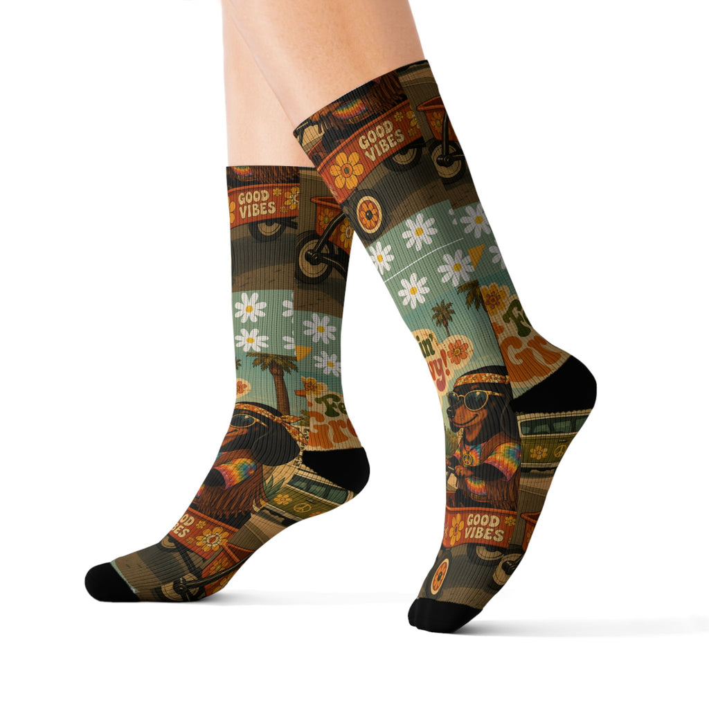 Feelin' Groovy Retro Dachshund Illustration Socks | Vintage Hippie Floral Pattern