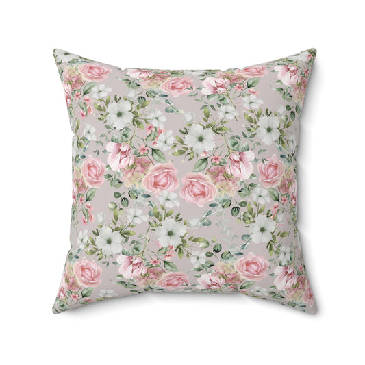 Pink roses and white flowers Shabby chic style Spun Polyester Square Pillow, French vintage inspired, farmhouse, scatter throw cushion