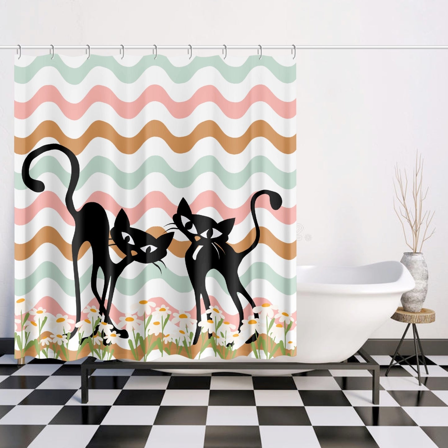 Atomic cat retro inspired daisy Quick-drying Shower Curtain