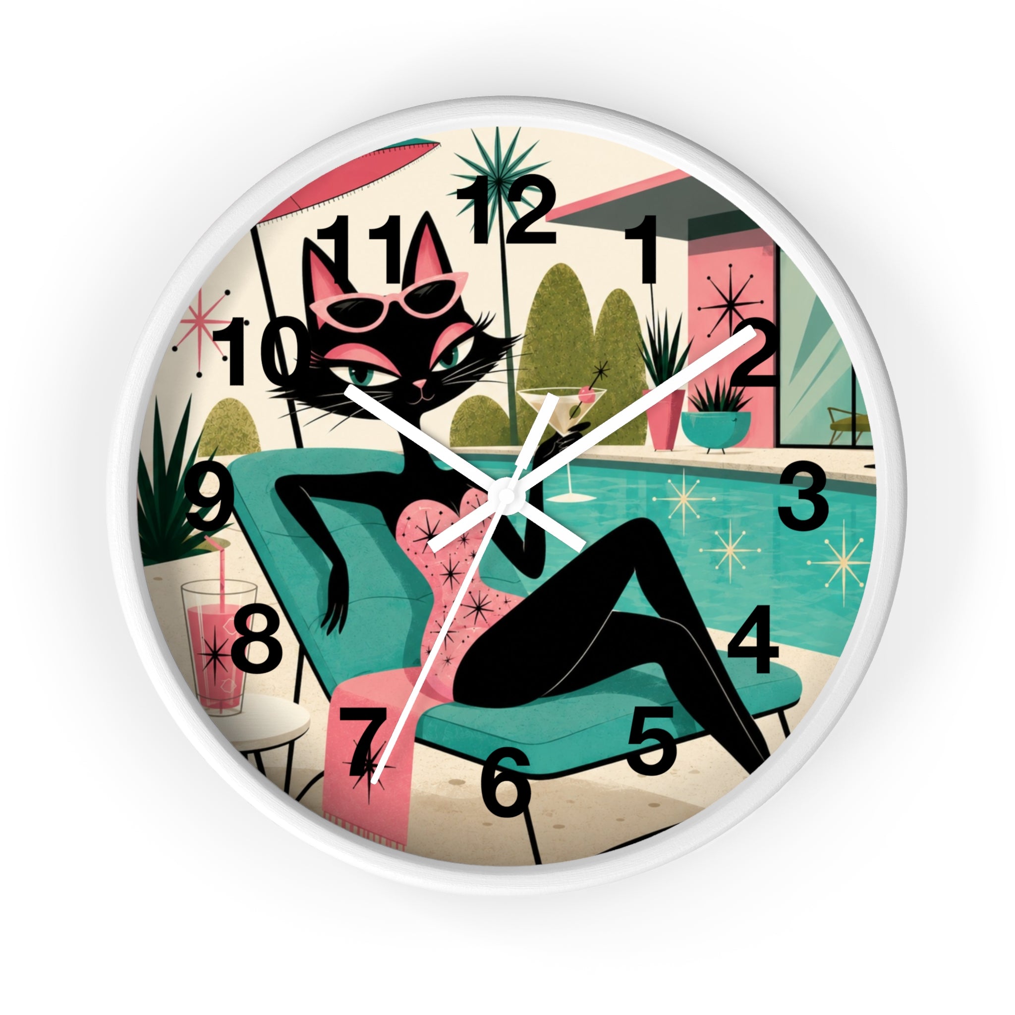 Retro Atomic Cat Lounge Wall Clock | Mid Century Modern Poolside Cat Art