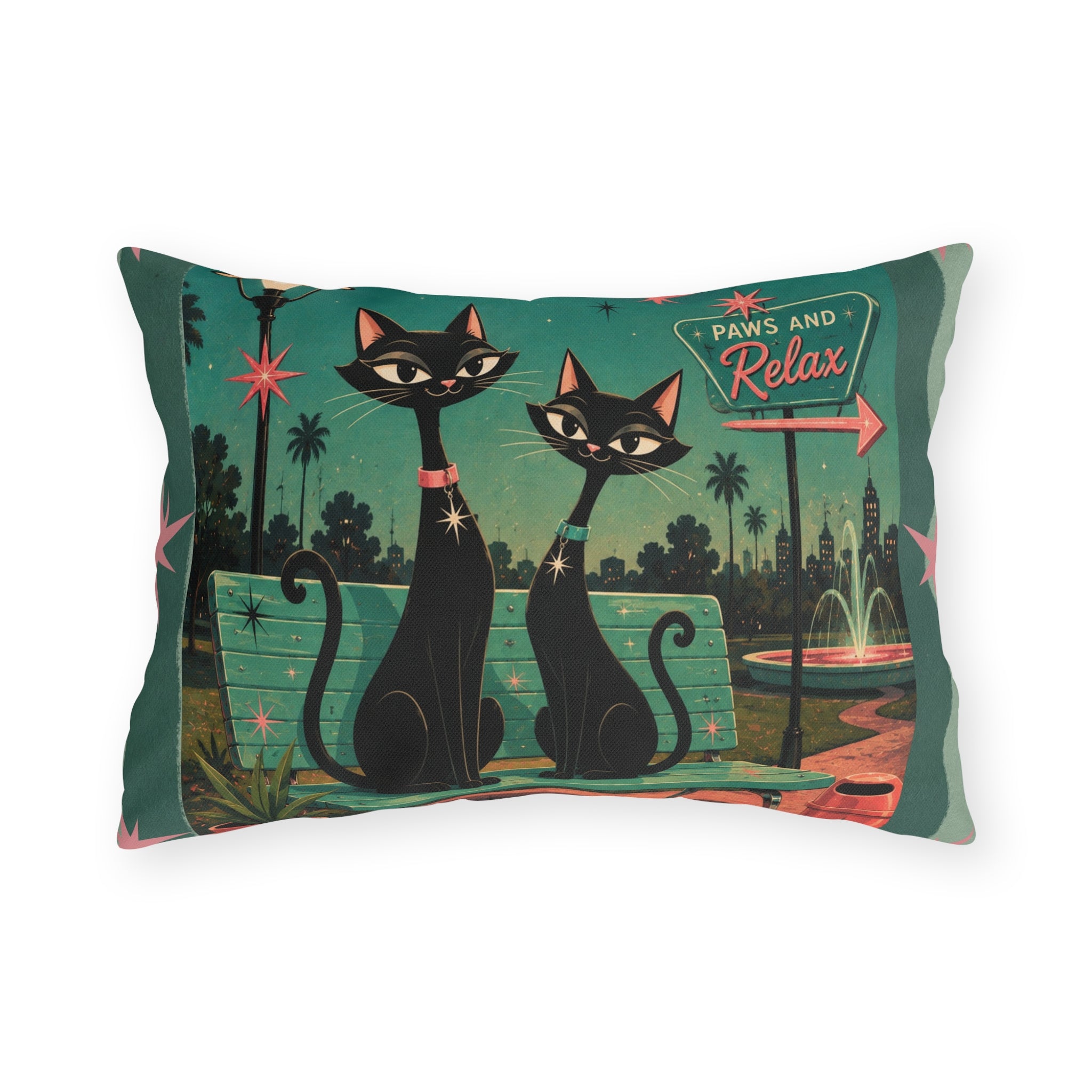 Retro Black Cats Outdoor Pillow | Mid Century Park 'Paws and Relax'