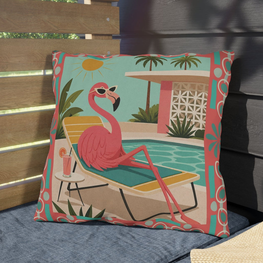 MCM Pink Flamingo Poolside Outdoor Pillow | Retro Mid Century Tropical