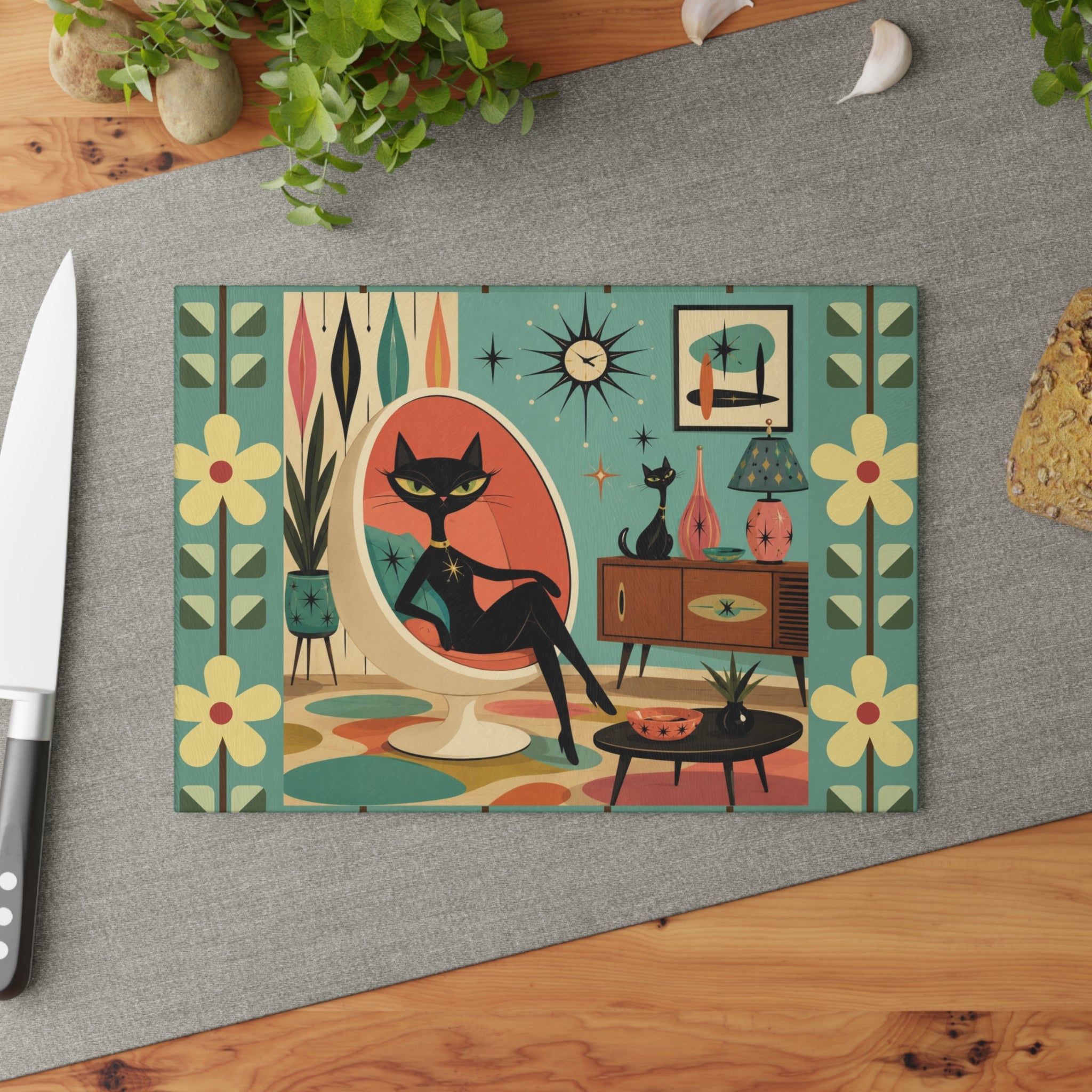 Retro Lounge Atomic Cat Glass Cutting Board | Mid Century Modern Kitchen Decor