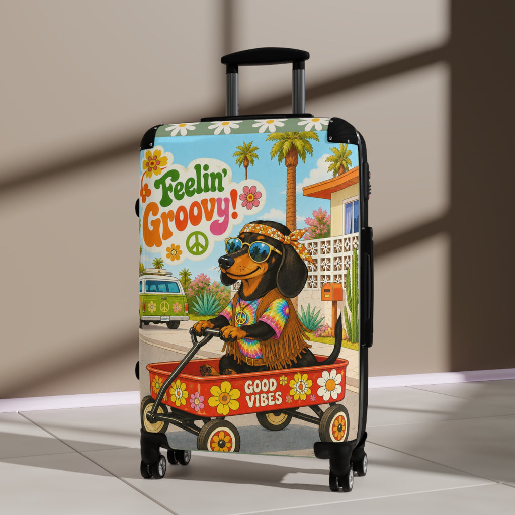 Feelin' Groovy Dachshund in Wagon Suitcase | Retro Hippie Good Vibes Travel Luggage