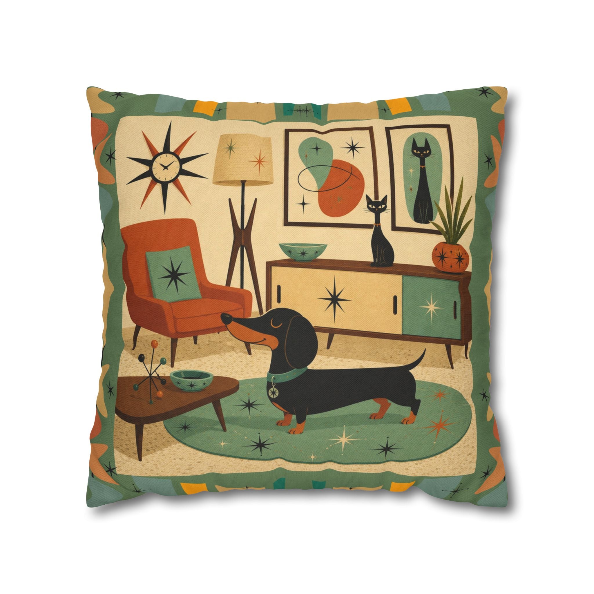 Mid-Century Living Room Dachshund Pillowcase | Square Pillowcase - COVER ONLY