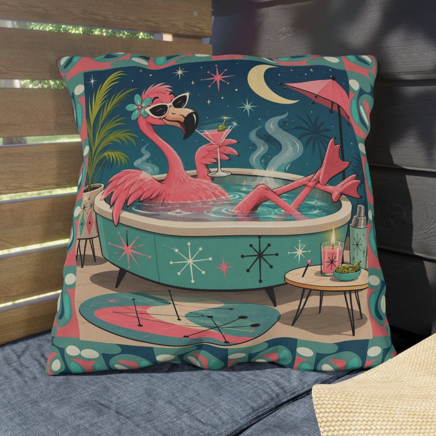 Retro Flamingo in Hot Tub Outdoor Pillow | Mid Century Tropical Patio Decor