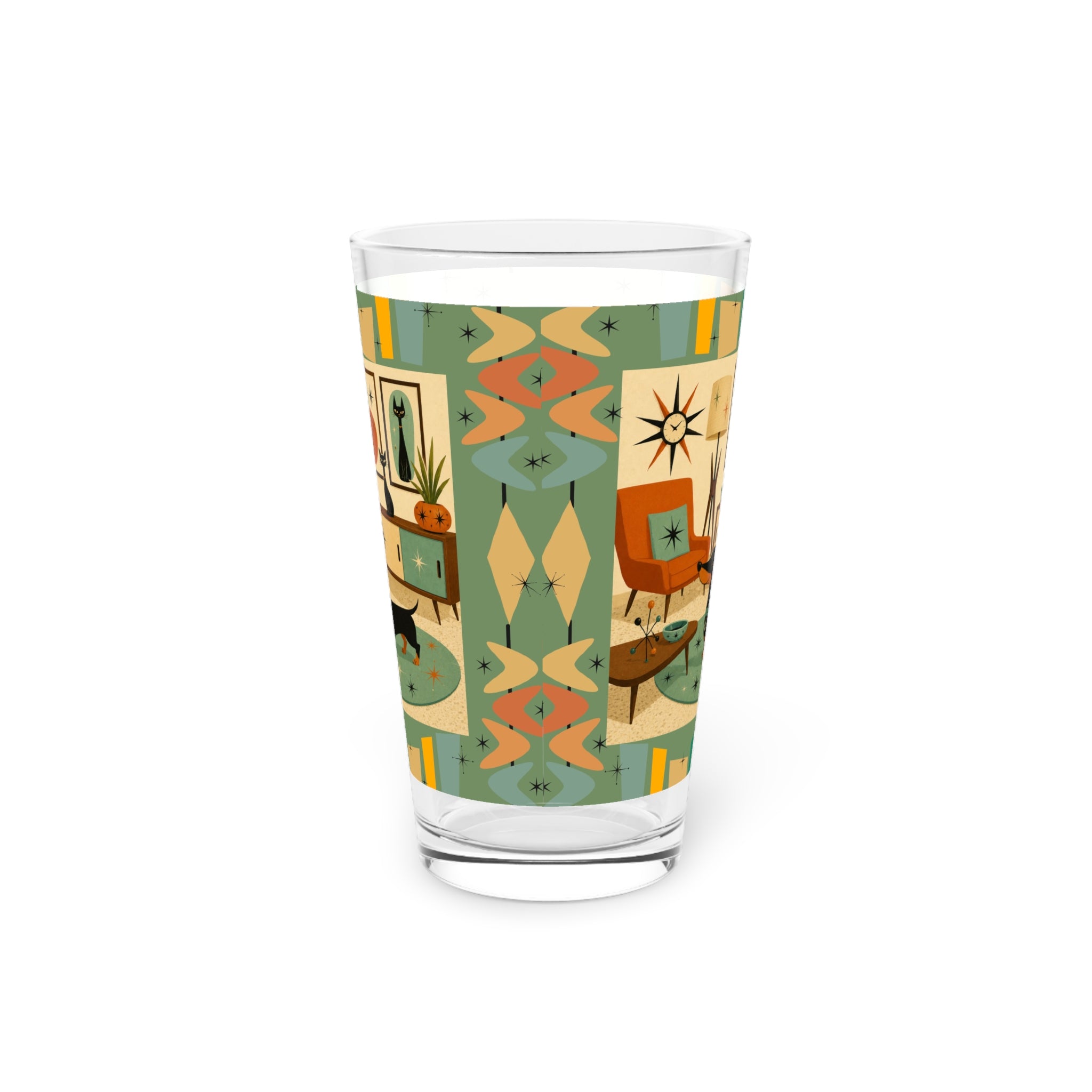 Mid Century Living Room Dachshund Pint Glass | 16oz - Retro kitchen and barware