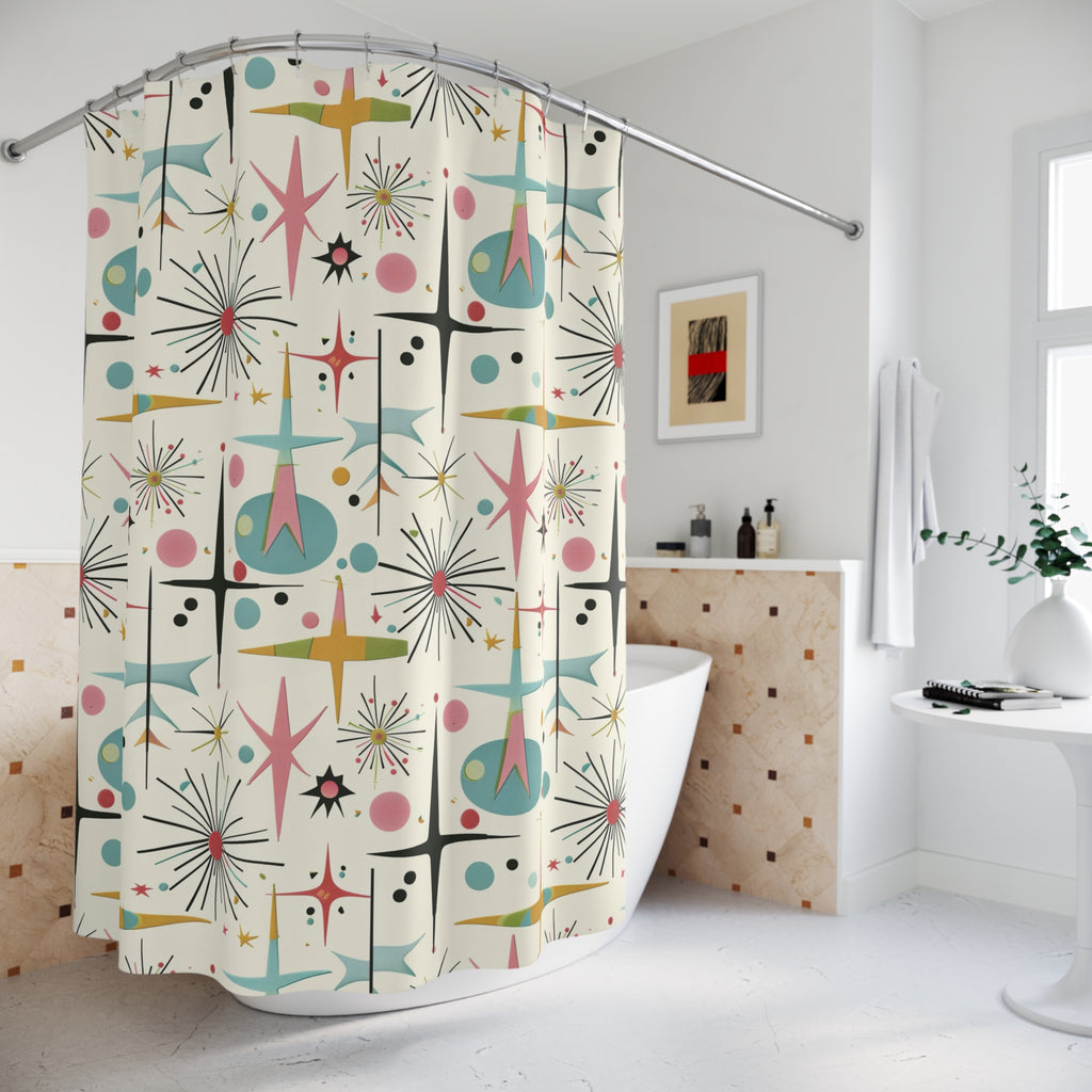 Mid-Century Starburst Shower Curtain — Retro Atomic Pattern