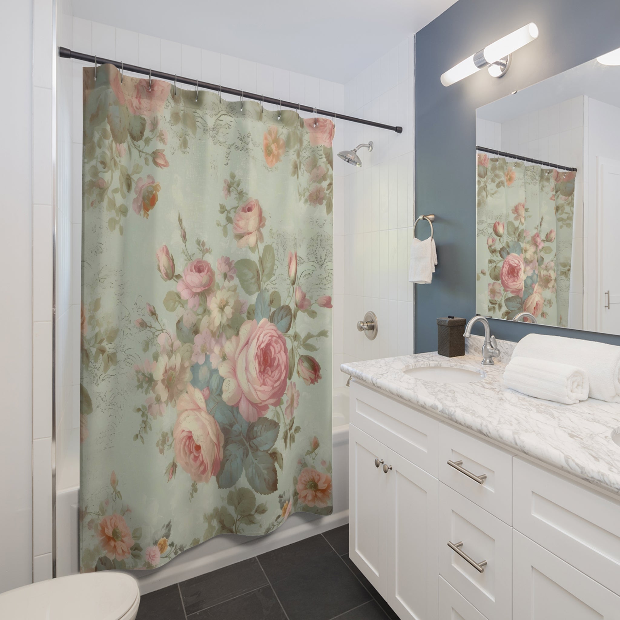 Blue with pink roses shabby chic shower curtain, vintage curtains, vintage bathroom decor, country cottage garden