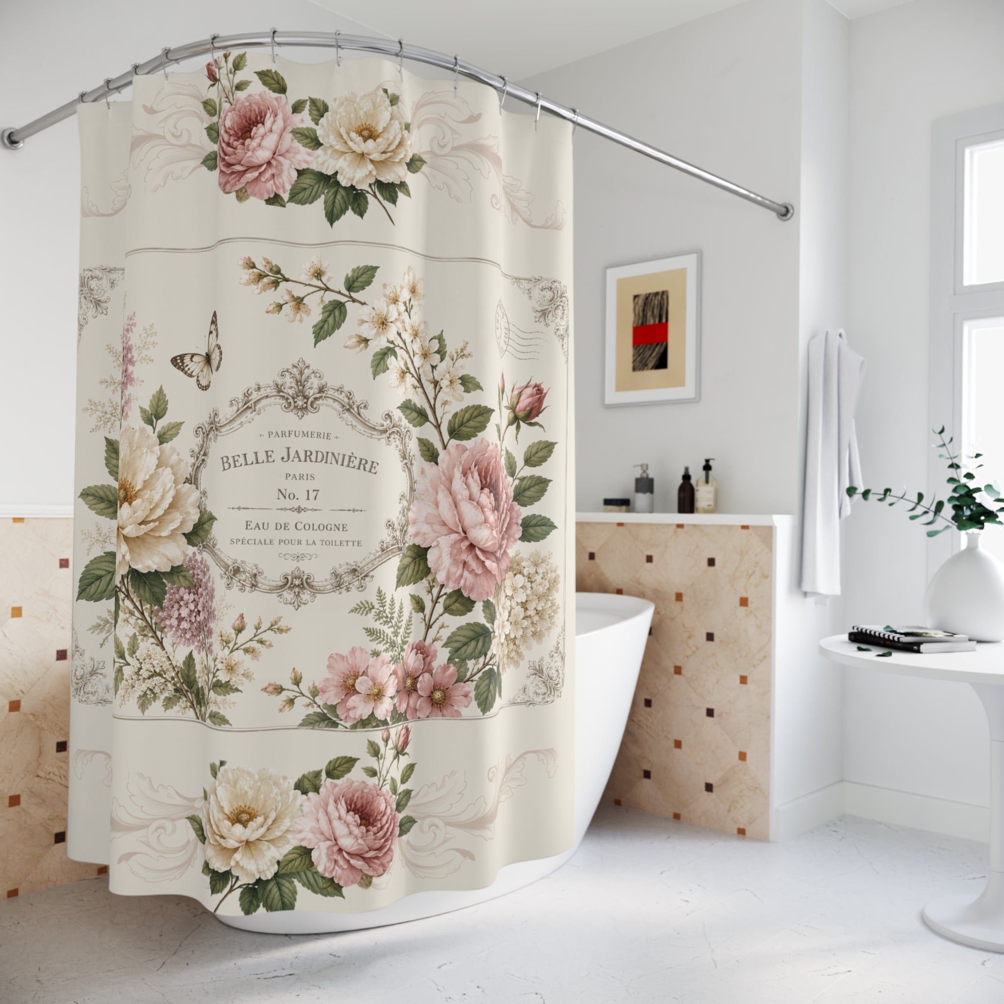 Vintage style Floral Garden Shower Curtain | French Roses,  Shabby chic Butterflies, Neutral
