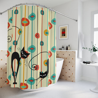 Mid century modern Atomic Cat shower curtain, retro bathroom decor, MCM color curtains