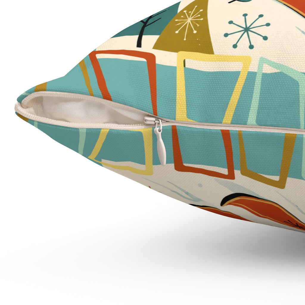 MCM Skiing Dachshund Pillow | Square Polyester Throw Pillow, Retro Winter Ski Art