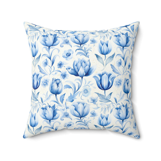 Blue and white floral Dutch Delft design Square Pillow, floral, Farmhouse, country cottage, scatter throw cushion