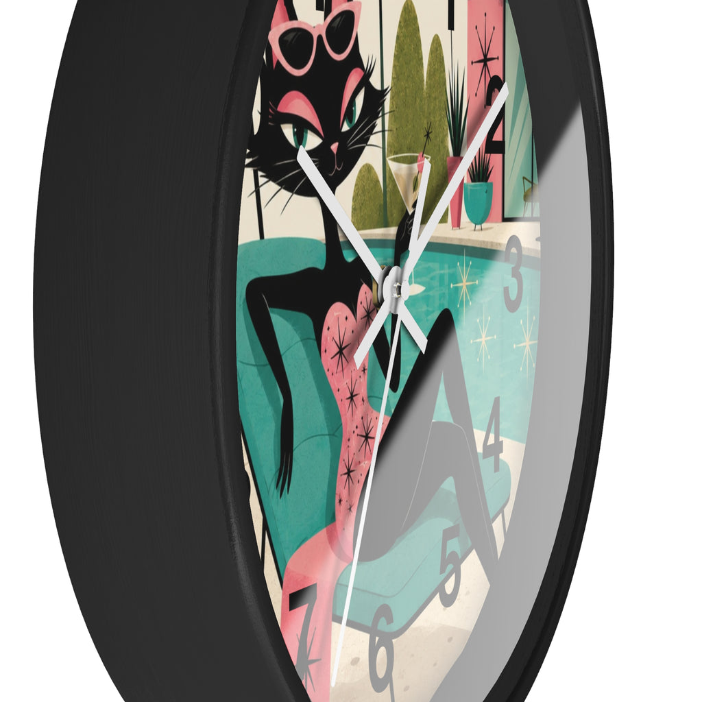 Retro Atomic Cat Lounge Wall Clock | Mid Century Modern Poolside Cat Art
