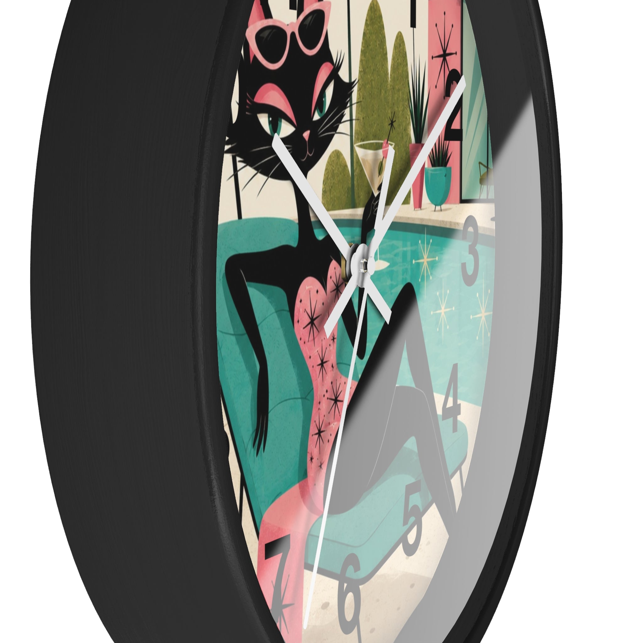 Retro Atomic Cat Lounge Wall Clock | Mid Century Modern Poolside Cat Art