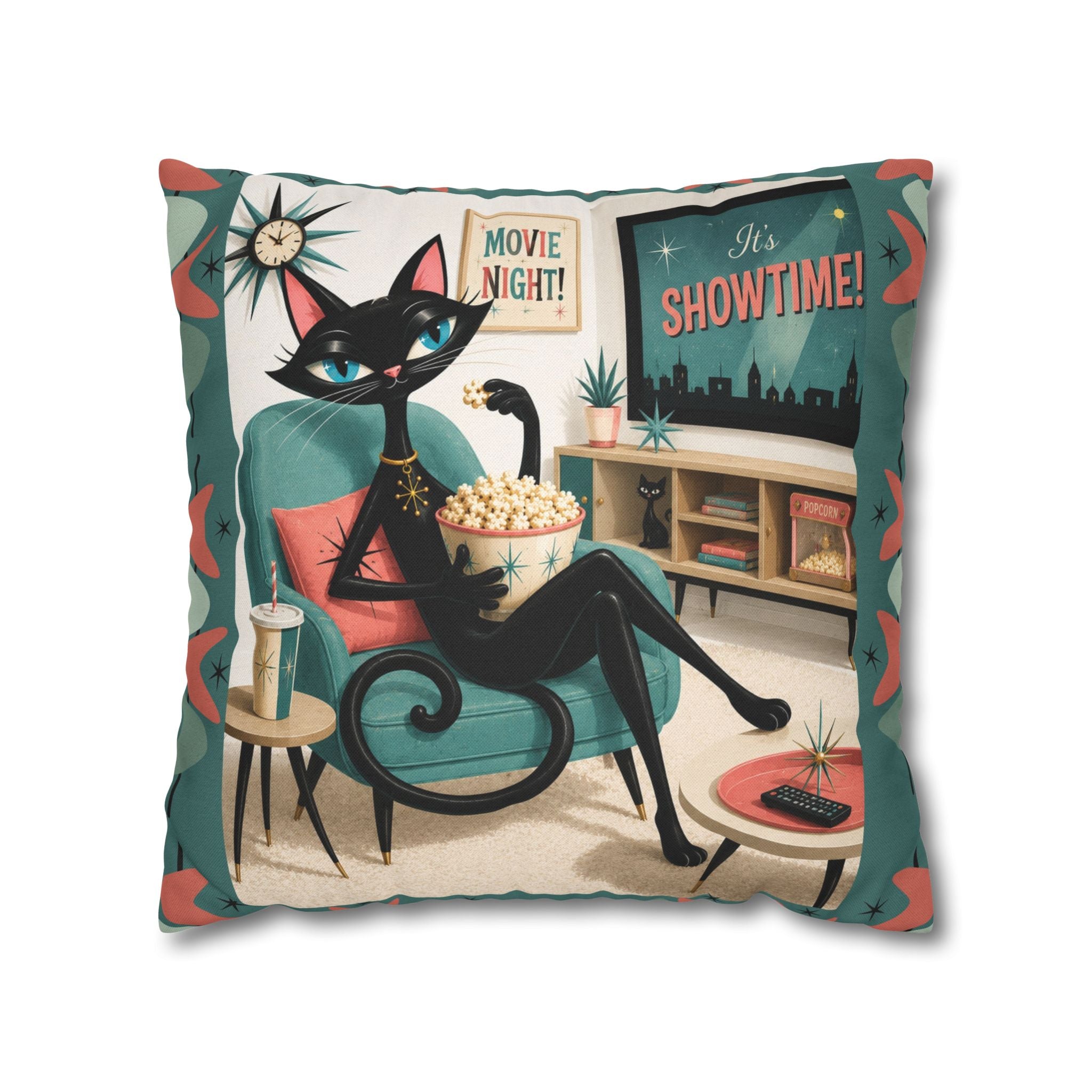 Retro atomic Black Cat Movie Night Pillowcase | MCM Square Pillowcase - Indoor use