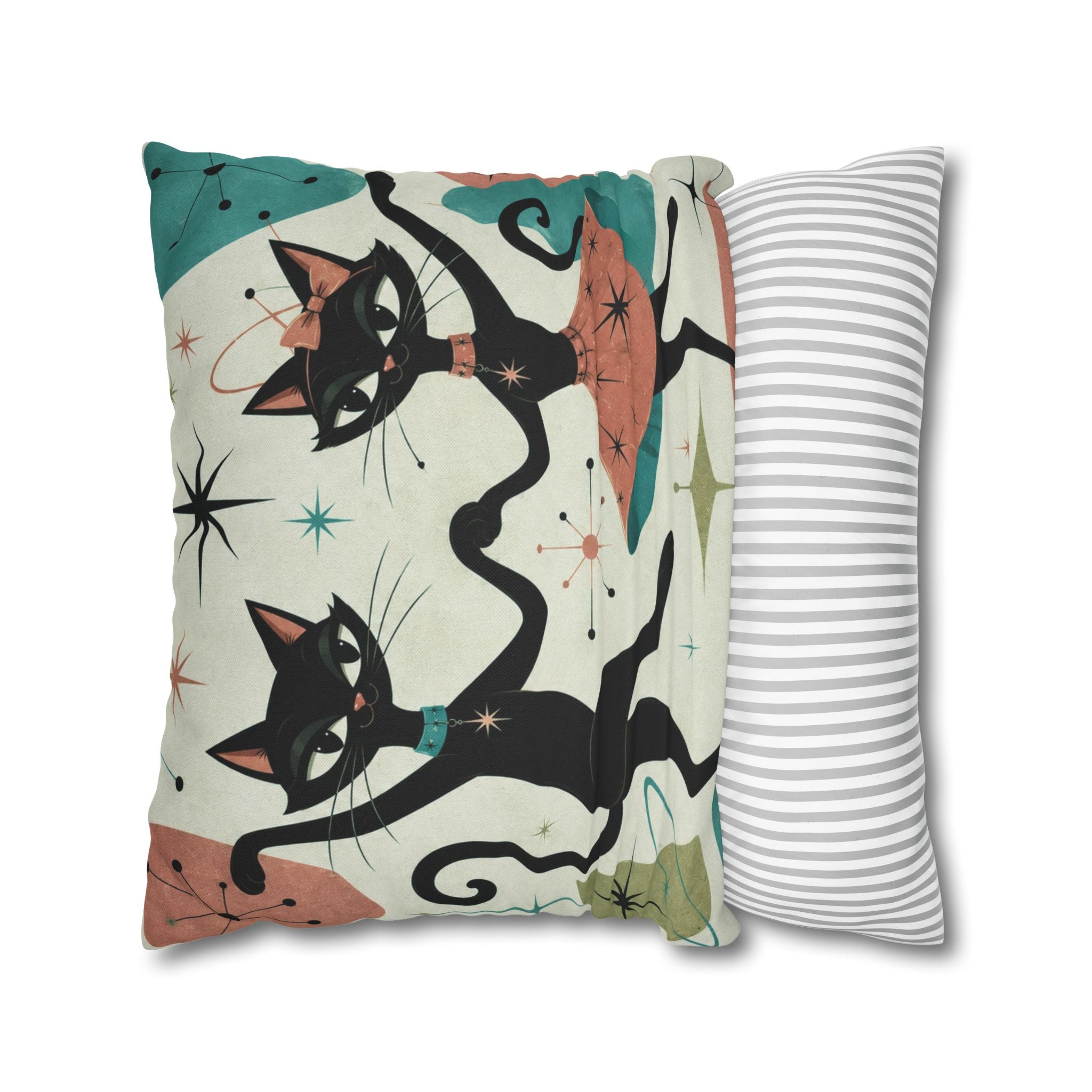 Dancing Retro Atomic Black Cats Pillowcase | Square Throw Pillowcase - COVER ONLY