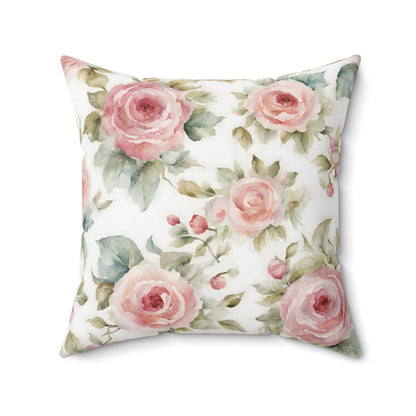 Pink rose watercolor vintage inspired shabby chic square pillow, Farmhouse decor, country cottage, scatter throw cushion