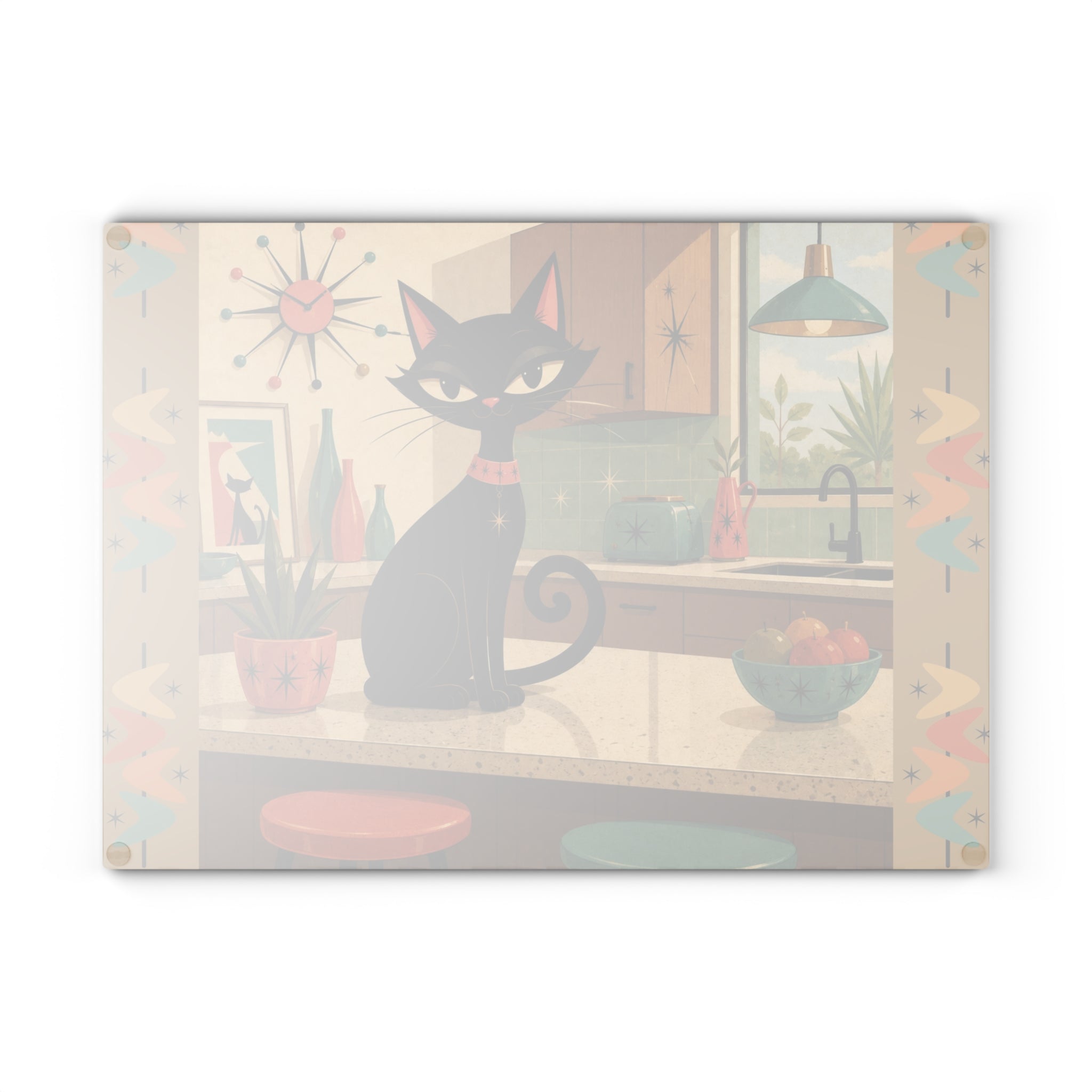 Retro Atomic Black Cat Kitchen Glass Cutting Board | Mid Century Cat Art