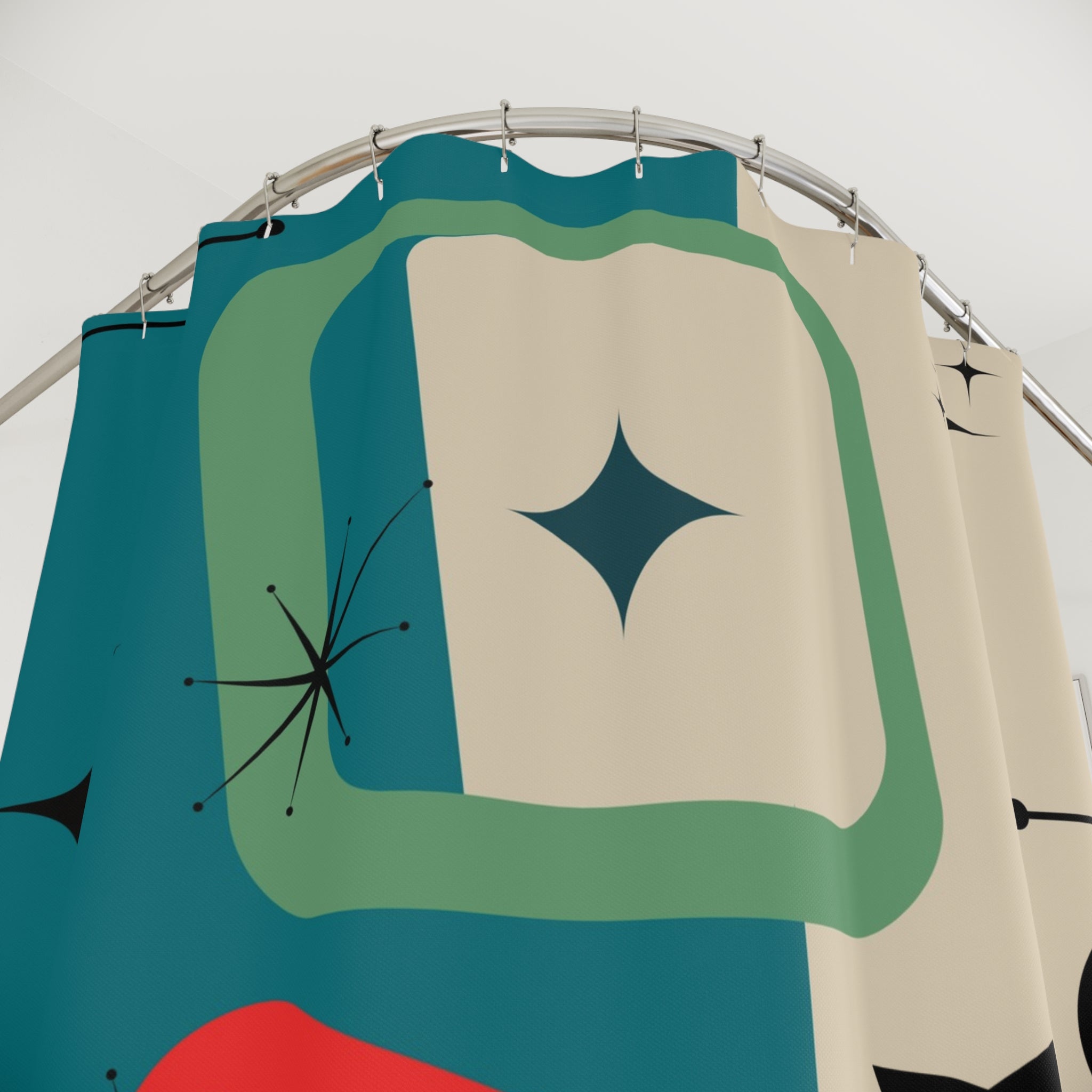 Mid-Century Modern Cat Shower Curtain — Retro Atomic Starburst Bathroom Decor
