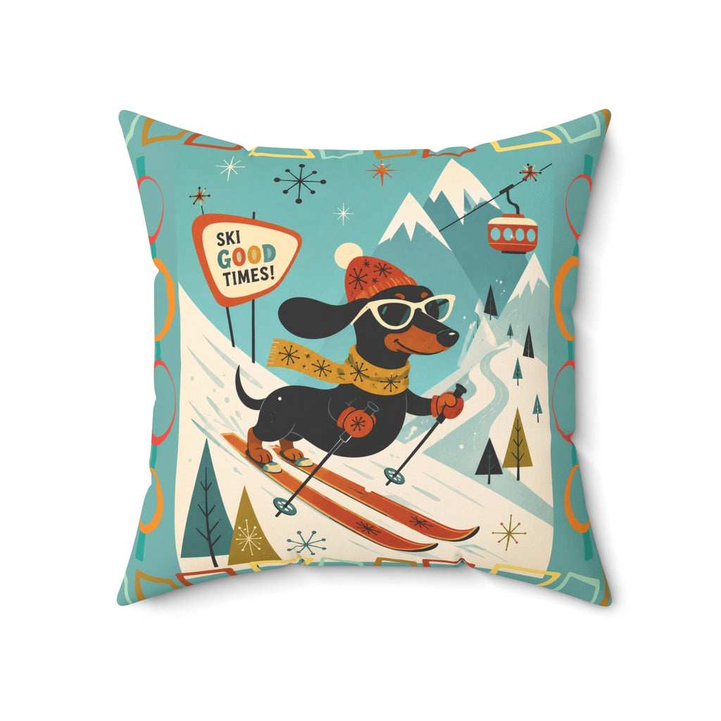 MCM Skiing Dachshund Pillow | Square Polyester Throw Pillow, Retro Winter Ski Art