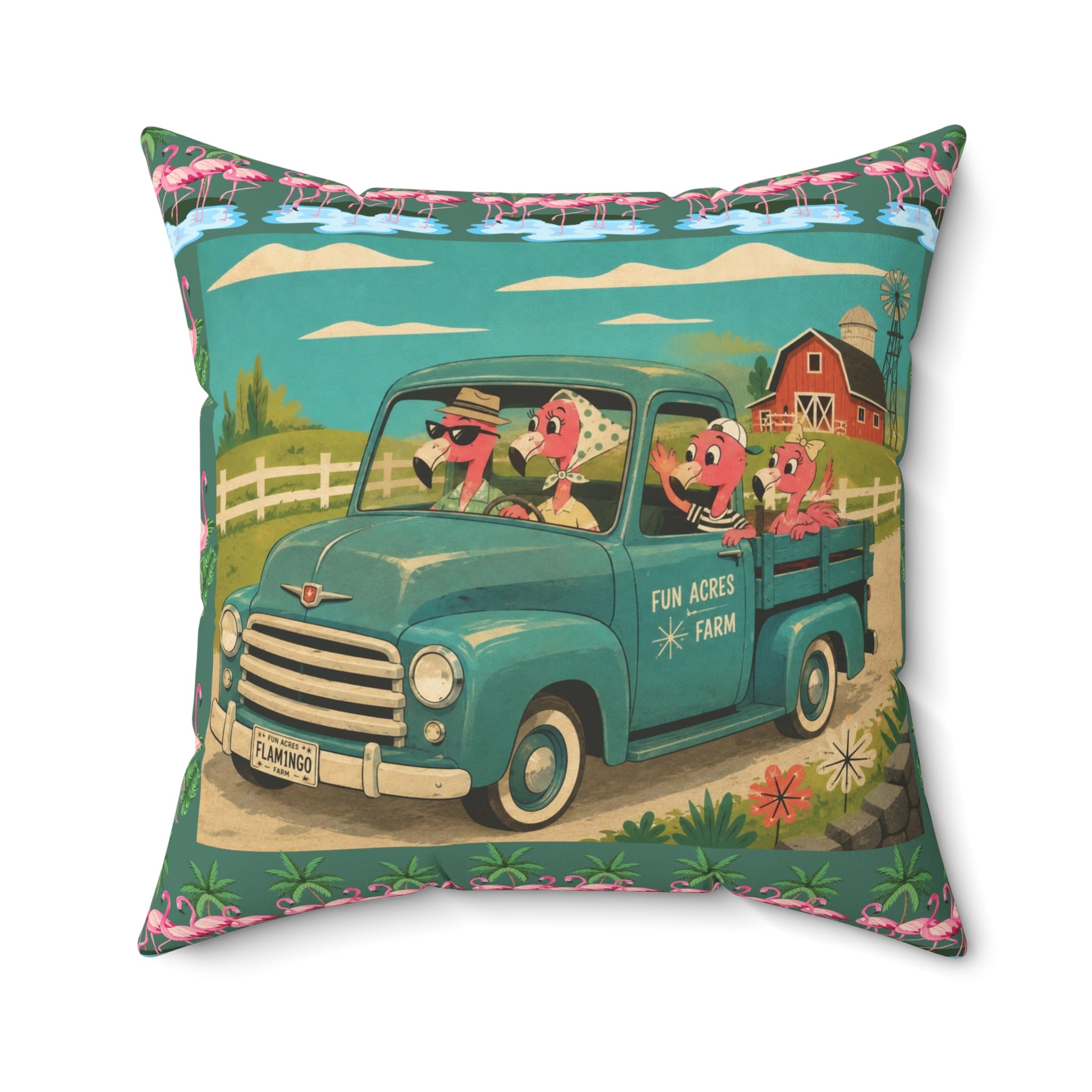 MCM Pink Flamingo Vintage Farm Truck Pillow | Retro Pickup with Farm Animals