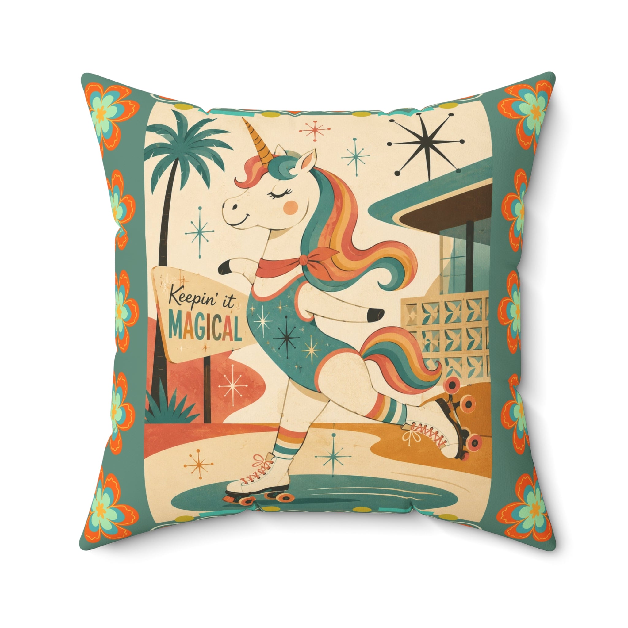 Retro Roller Skating Unicorn pillow | Square Polyester Throw Pillow, Vintage Rainbow Unicorn