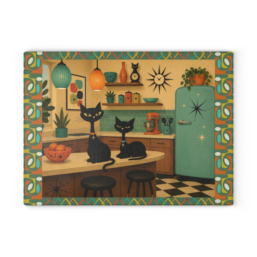 Retro Atomic Black Cats Kitchen Glass Cutting Board | Mid Century Cat Artwork