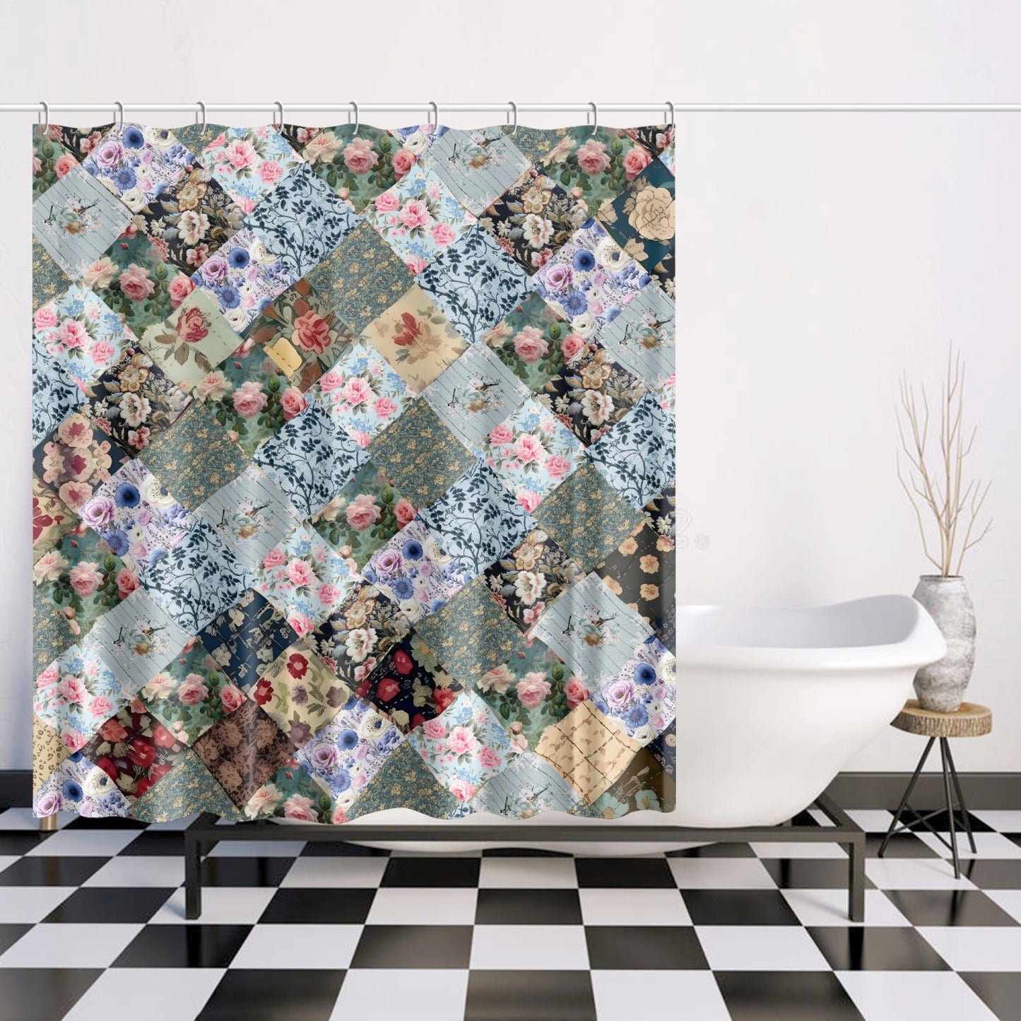 Patchwork Look FAUX design floral blues Quick-drying Shower Curtain