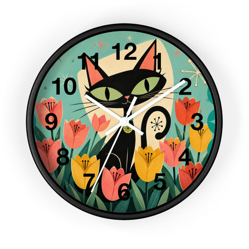 Atomic Black Cat in Tulips Wall Clock | Retro Cat Illustration, Spring Floral