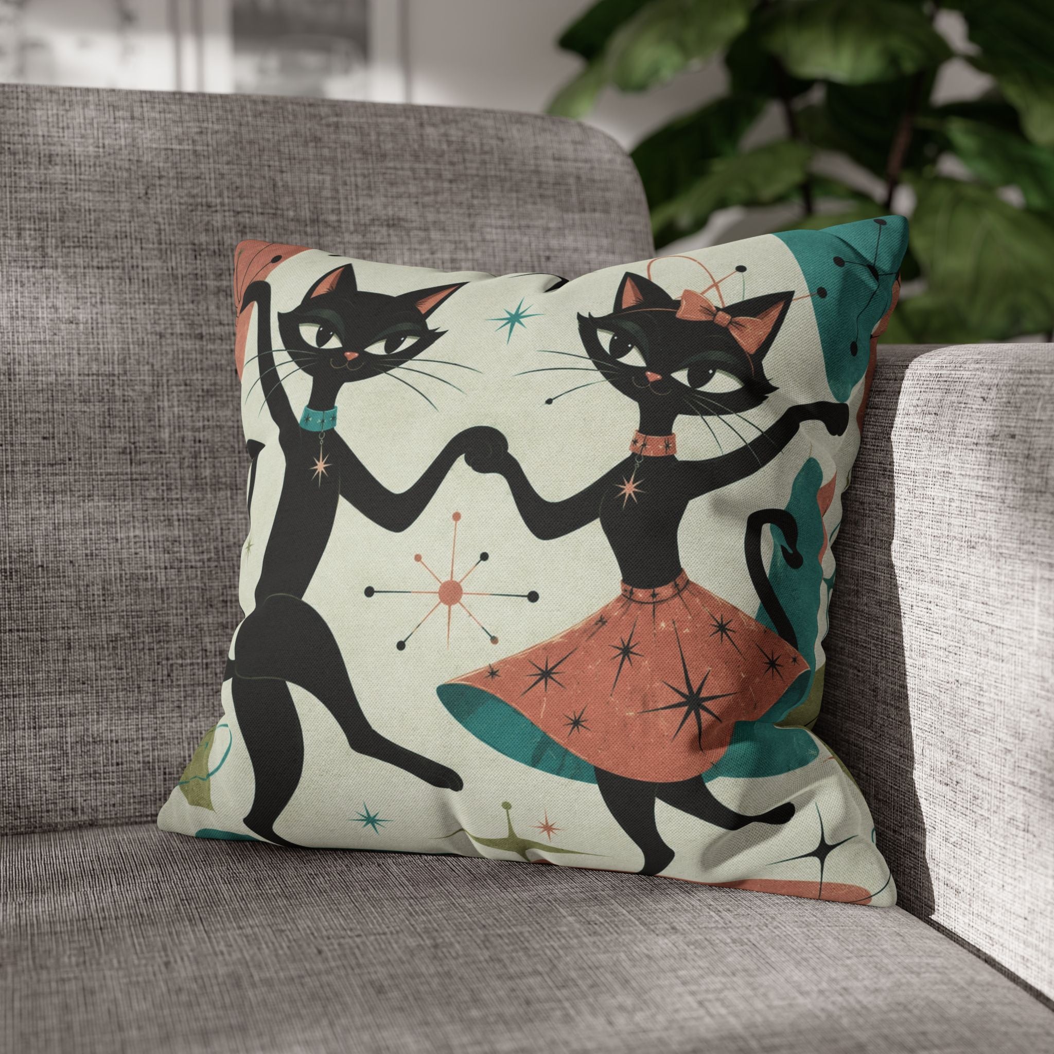 Dancing Retro Atomic Black Cats Pillowcase | Square Throw Pillowcase - COVER ONLY