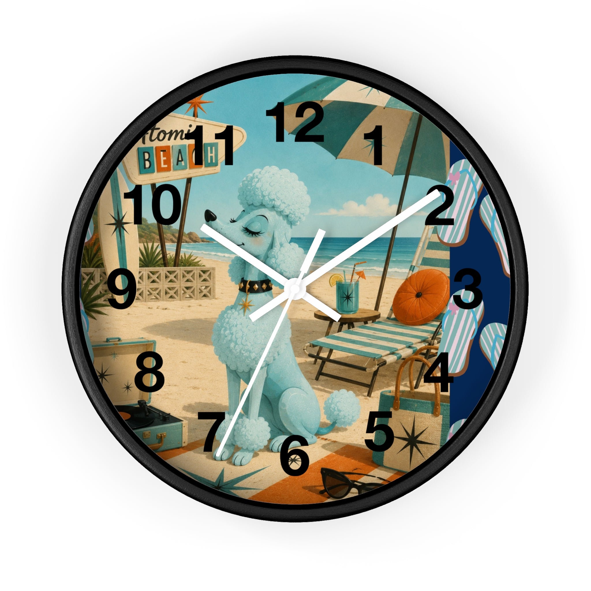 Retro Beach Poodle Wall Clock | Vintage Coastal Decor, Nautical Seaside Scene