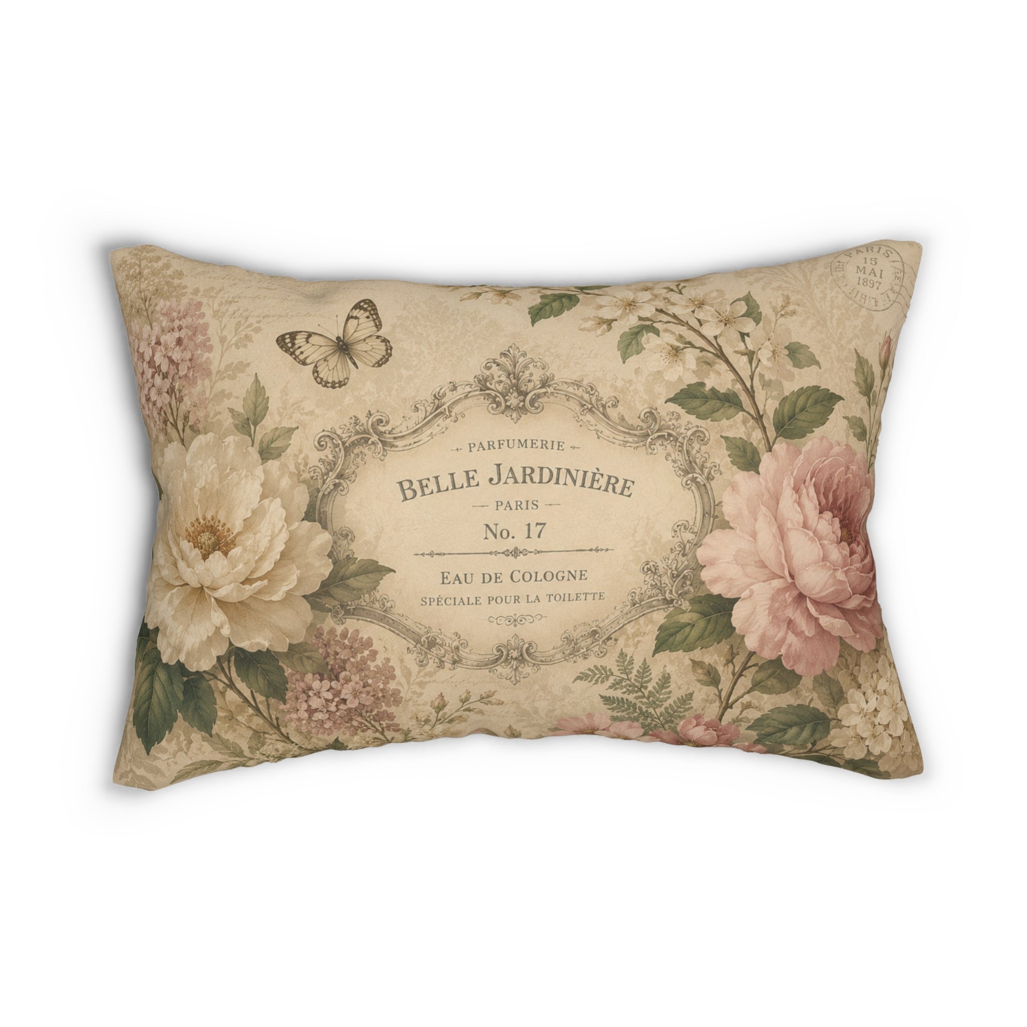 Vintage Floral Paris Label Lumbar Pillow | Shabby Chic Rose Cushion