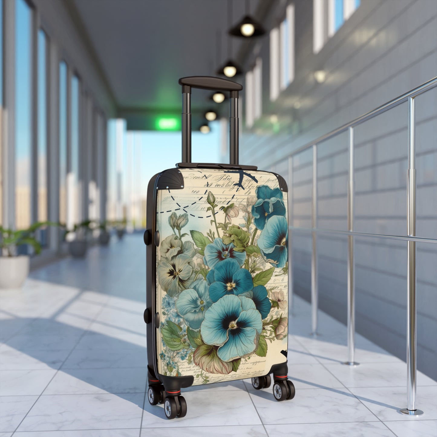 Big blue pansy Suitcase on wheels with planes, holiday weekend, carry on luggage, large roller suitcase, floral travel luggage